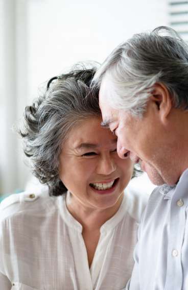 Older couple smiling at each other warmly.