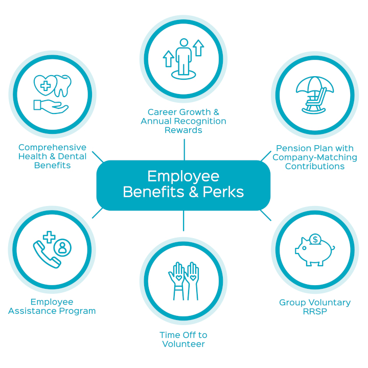 An infographic titled 'Employee Benefits & Perks' with six icons surrounding the central text. The icons represent Comprehensive Health & Dental Benefits, Career Growth & Annual Recognition Rewards, Pension Plan with Company-Matching Contributions, Employee Assistance Program, Time Off to Volunteer, and Group Voluntary RRSP. Each icon has a brief description beneath it.